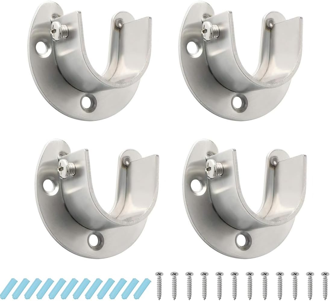 4PCS Closet Rod Bracket, 3/4 In Stainless Steel Wardrobe Bracket U-Shaped, Heavy Duty Closet Rod End Holders, Shower Curtain Rod Holder, Closet Pole Sockets with Screws (3/4 inch)