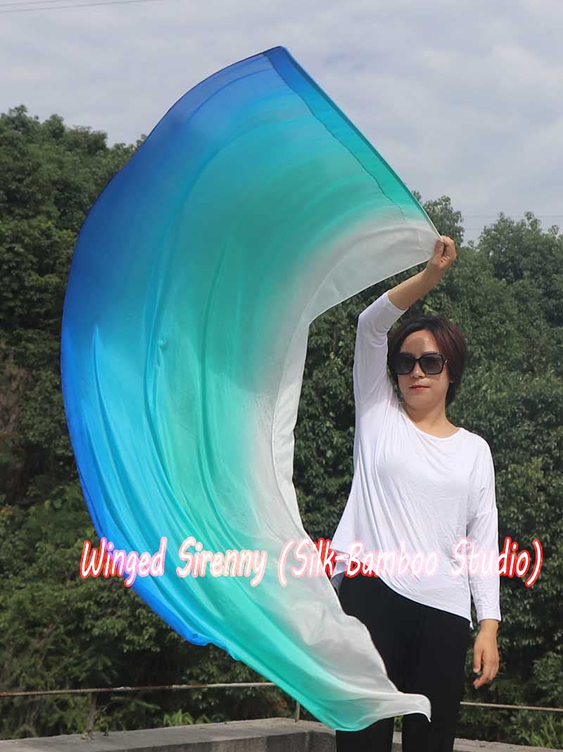 Winged Sirenny 70 Silk Worship Flag With Flex Rod – Handpainted Translucent Silk Banner For Dance & Worship (Green-Turquoise-Blue)
