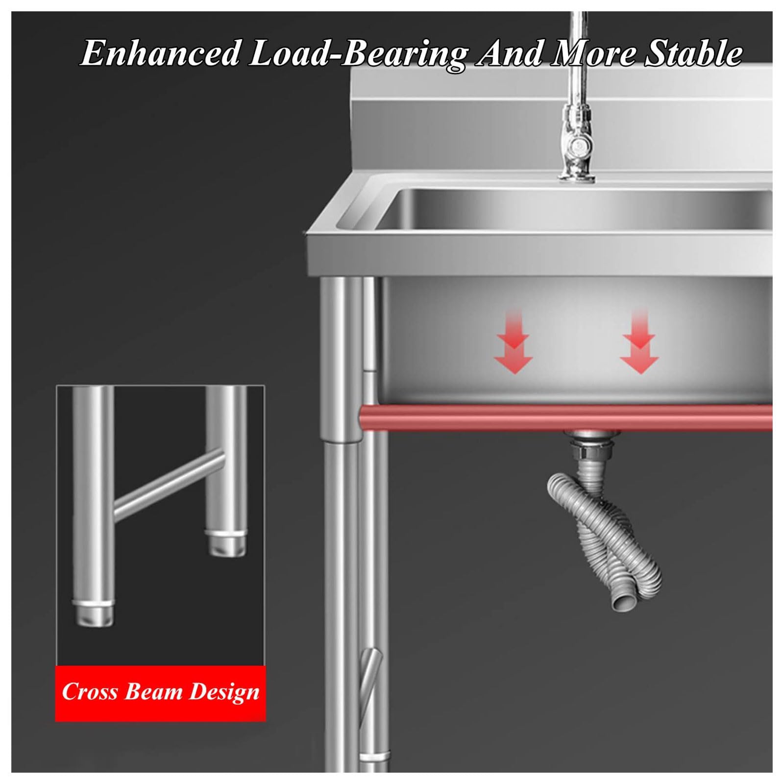 Lavello di Servizio in Acciaio Inox autoportante a Vasca Singola per Uso Commerciale, ristoranti e cucine, con Tubo dell'Acqua Fredda e Vasca per Lavanderia, per Interni ed Esterni