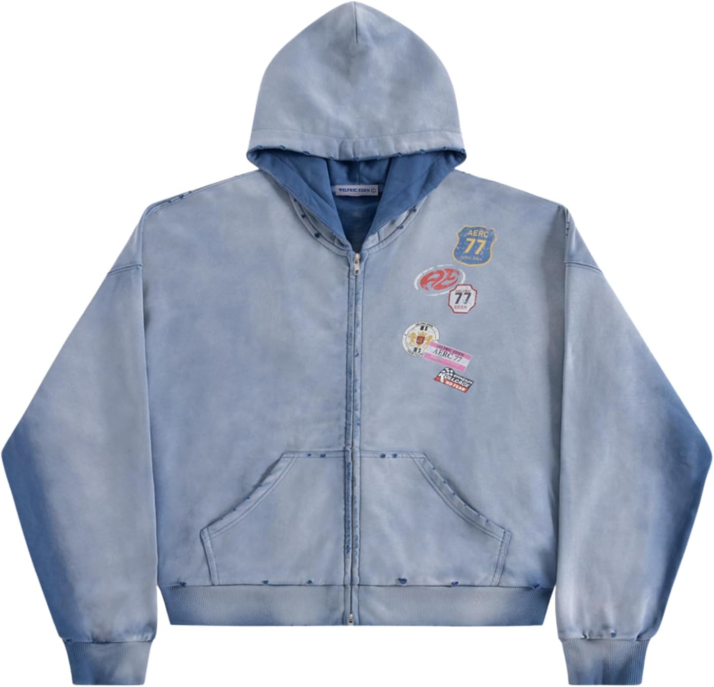 Aelfric Eden Badge Graphic Vintage Acid Wash Zip Up Hoodie Unisex Streetwear Hooded Sweatshirt with Pockets