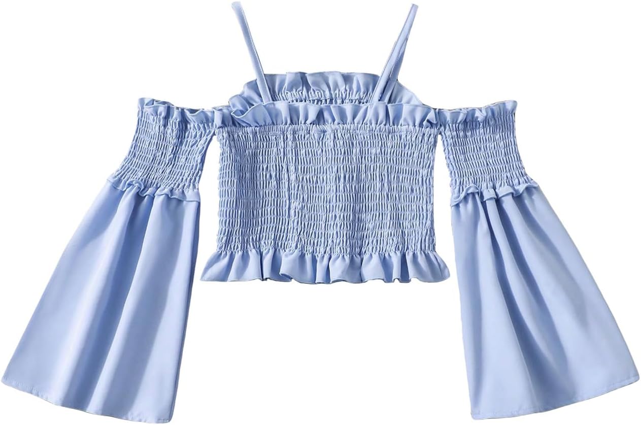 SHENHE Girl's Cold Shoulder Shirred Crop Tops Flounce Long Sleeve Frill Trim Blouses - Image 3