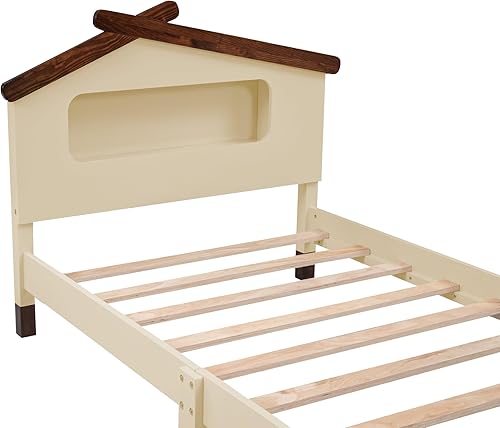 Miniatura 5 de Merax Cama de plataforma, marco de cama de madera de tamaño individual con cabecero en forma de casa y luces nocturnas activadas por movimiento para