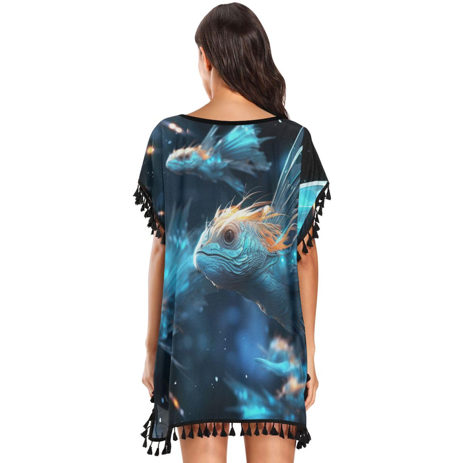 KAAVIYO Space Flying Blue Iguanas Fishes Women's Beach Cover Up Chiffon Tassel Swimwear Swimsuit Coverups for Girl