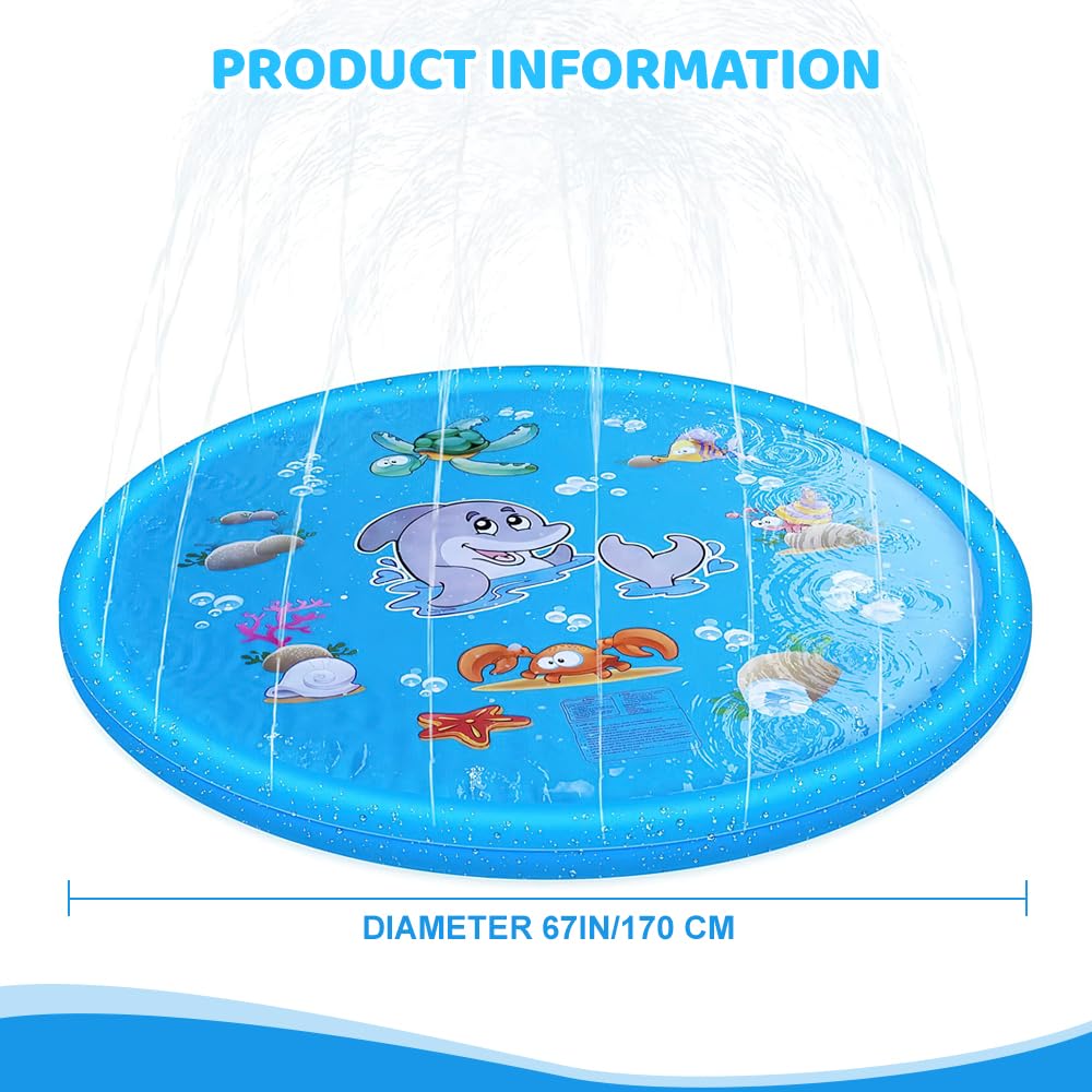 Splash Pad 170 CM Wassersprinkler Matte Kinder, Sprinkler Wasser-Spielmatte, Sprinkler Wasserspielmatte, Sprinklers Pool Kinder Wassersprenkler Garten Sommer Wasserspielzeug für Haustier (Ozean)