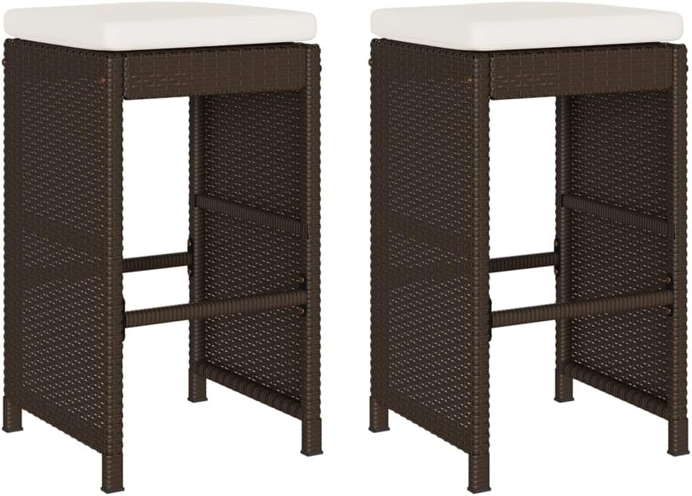 Garden Bar Stool Set of 2, Brown & Cream White Rattan, 29.9-inch Tall Outdoor Patio Chairs with Cushions, Square Synthetic Poly Rattan Dining Chairs for Balcony