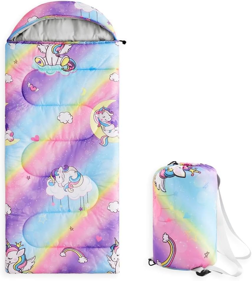 Wake In Cloud – Kids Sleeping Bag for Girls Toddlers, Camping in Warm Cold Weather, Backpacking Lightweight Compact Outdoor Liner for 3 Seasons, Unicorns Rainbow Hearts
