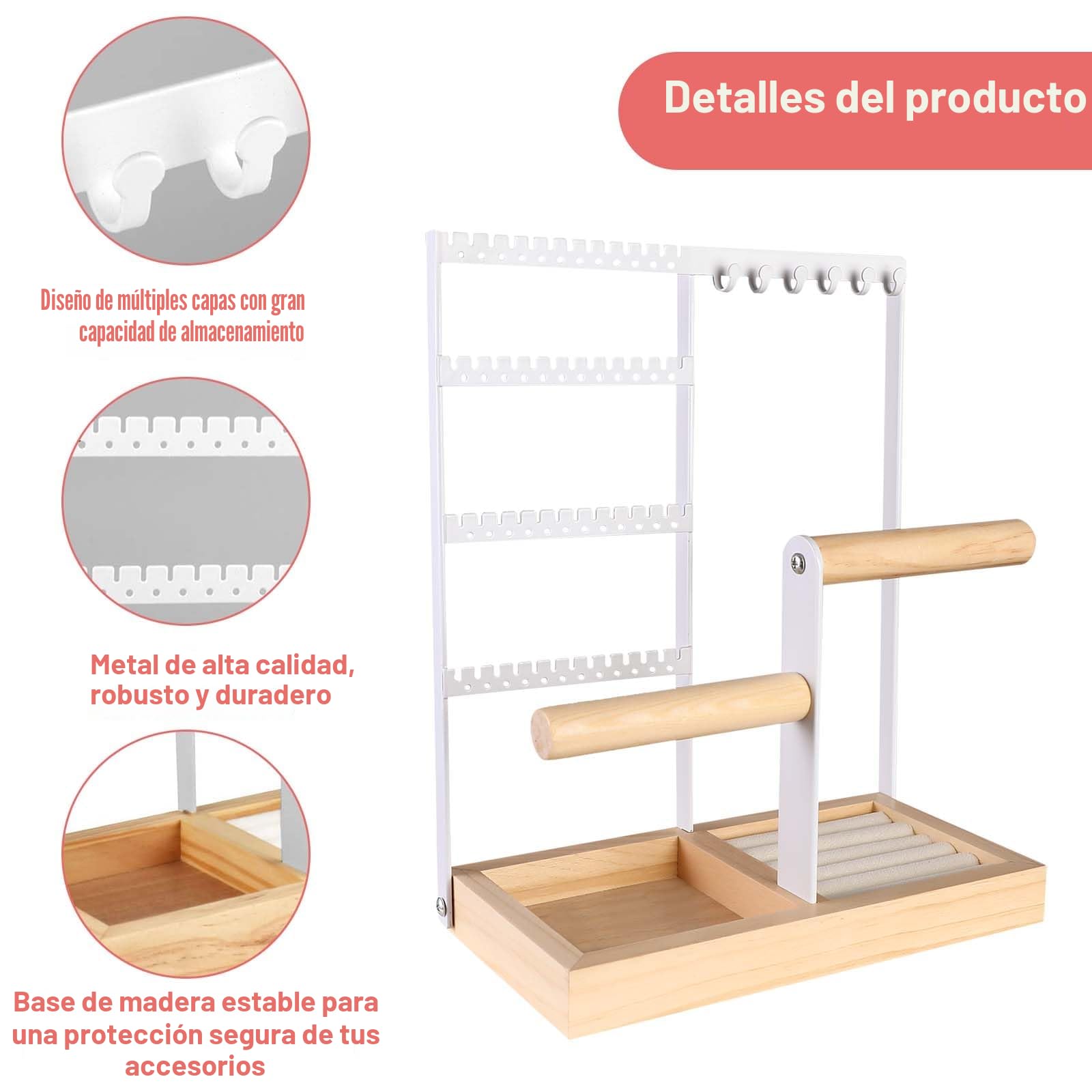 Mkitnvy Soporte para joyas,Expositor de Joyas con Bandeja, Combinación de madera y metal para Joyas de MaderaCollares Pulseras Mascarillas Pendientes Joyero Colgante