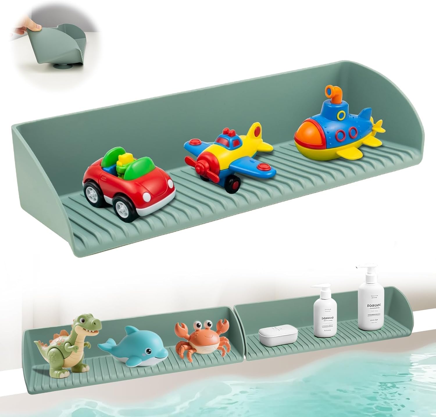 Bathtub Splash Guard for Tub - Silicone Tub Water Splash Guard with 4 Suction Cups, Bath Supplies Holder, Tub Play Shelf, Bathtub Side Splash Guard Tray, Toddler Bathroom Essentials (1, Aqua)