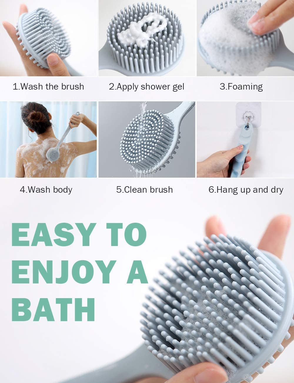 Draval Soft Silicone Back Scrubber Shower Bath Body Brush with Long Handle Men's Shower Brush, Body Scrubber, Exfoliator, Facial Cleanser, Massager (multicolor) 2