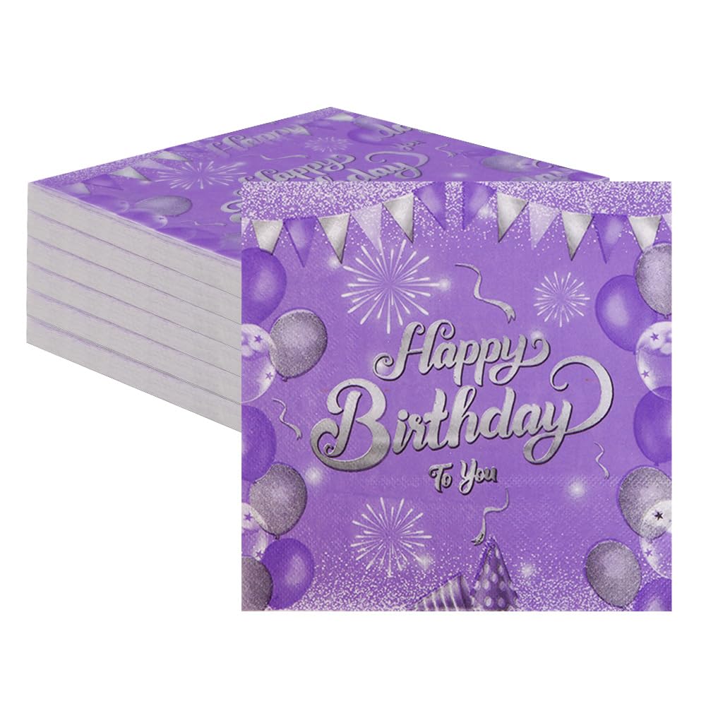 Paper 100 Pack Happy Birthday Napkins Purple for Party and Table Decorations, Cocktail Supplies, 33X33cm โ image 1