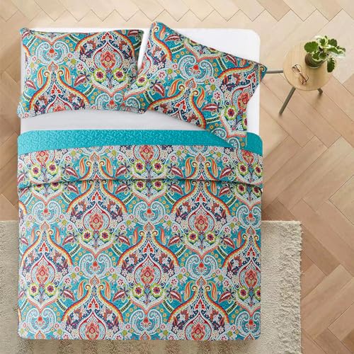 VAPUTAR Quilt Queen Bedding Set - Soft Cotton Quilts with Paisley Floral Pattern - Lightweight Reversible Bedspreads for Farmhouse (3 Pieces, Bright Teal)