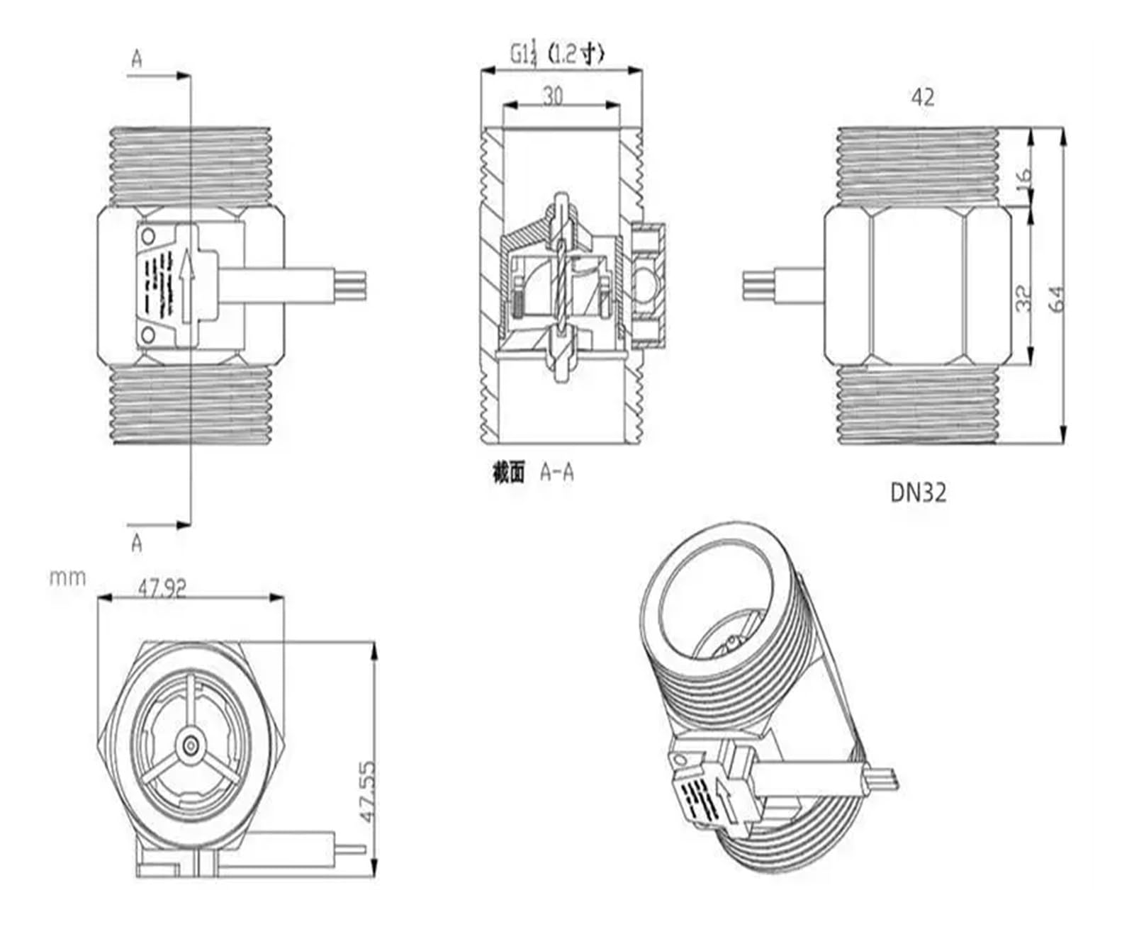 Sensor de flujo de turbina de agua DC5~24V DN32, Sensor de flujo G1 1/4, medidor de flujo de agua Industrial líquido, YF-DN32 Alta sensibilidad para múltiples medios