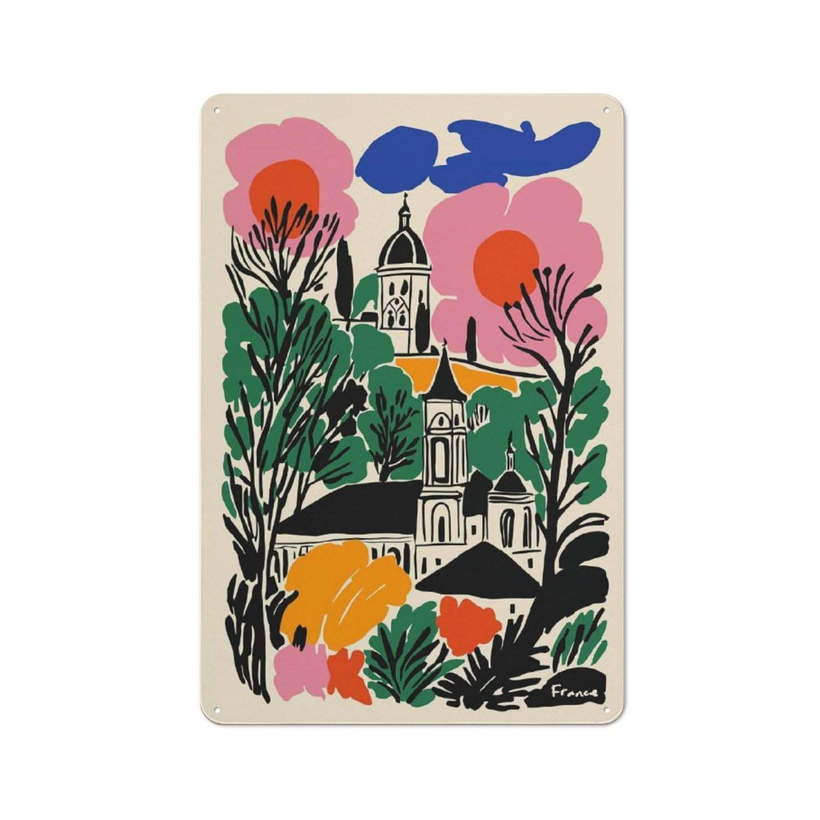 Junmoney Style-9 France Landscape With Flowers And Buildings Decorative Tin Sign 30X20cm, Distressed Look Vintage Wall Decor For Lounge, Study, Pub Or Wall Gallery