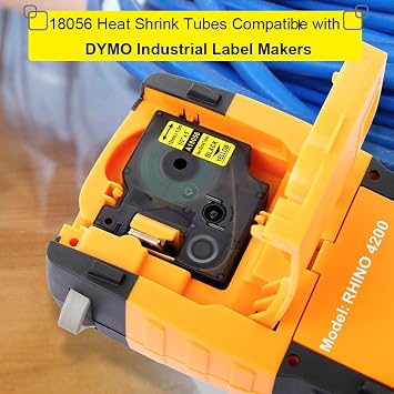 Rhino Heat Shrink Tube Label 1/2 18056 A18056 Compatible with DYMO Rhino Pro 4200 5200 5000 6000 Industrial Label Maker, Black on Yellow, 1/2 x 4.9', 3-Pack