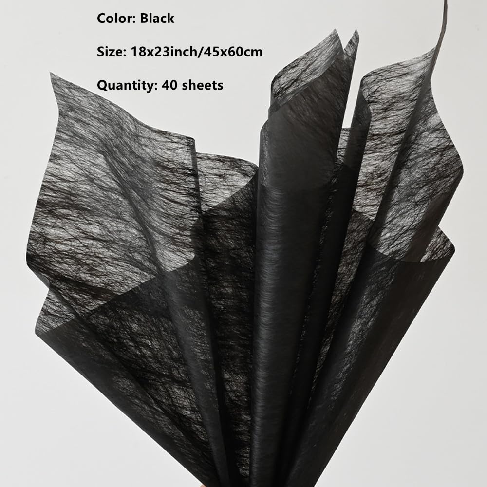 40 Sheets Wrapping Flower Paper Korean Non-Woven Floral Wrapping Paper Florist Supplies Waterproof Flower Bouquet Wrapping Paper Floral Supplies for Fresh Flowers 23x18 Inch (Black)