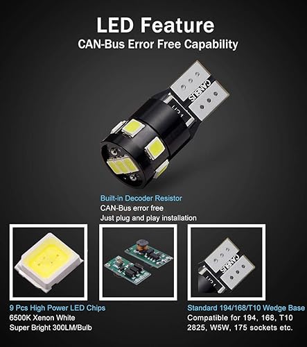 Miniatura 10 de BRISHINE - Bombillas 194 168 2825 W5W T10 LED de 300 lúmenes, extremadamente brillantes, sin errores, Canbus, 9 conjuntos de chips LED SMD 2835 para