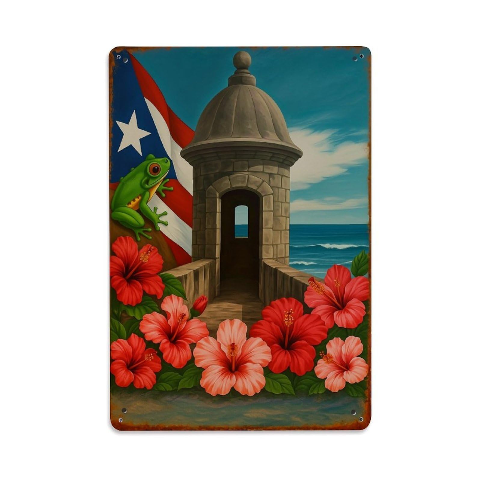 Puerto Rico Flag Frog Flowers Tower Retro Metal Tin Sign, Vintage Decor Art Poster for Bar, Home, Man Cave, Kitchen, Laundry Room Gift 8x12Inch