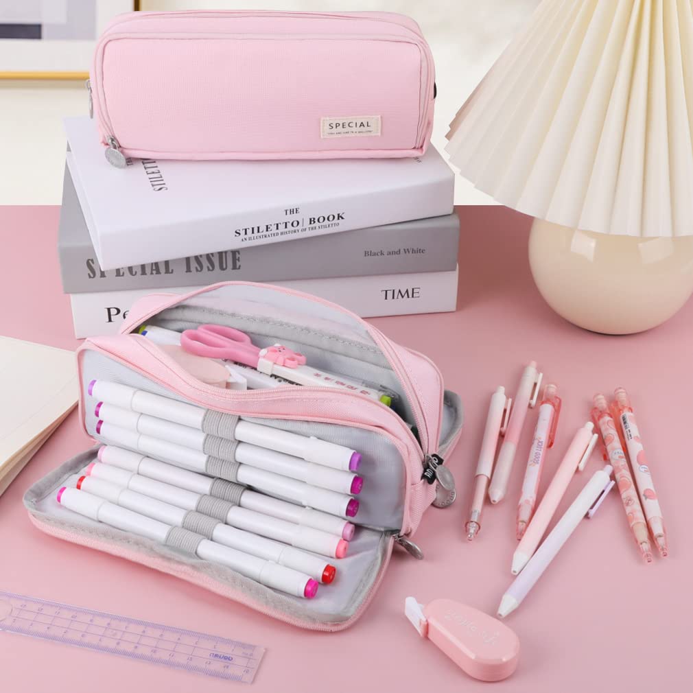 iSuperb Large Pencil Case 3 Compartments Pencil Pouch Big Capacity Pencil Bag Oxford Stationery Storage Pen Bag Cosmetic Makeup Pouch for Women Girls (Pink) - Image 2
