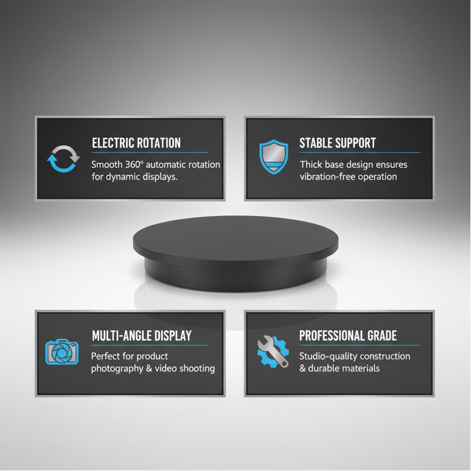 Soporte de exhibición giratorio eléctrico, tocadiscos de velocidad ajustable, capacidad de 220 libras para fotografía de productos, control remoto, 42 cm de diámetro
