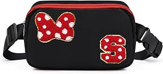 Chenille Initial Letter Bow Mouse Fanny Pack, Waterproof Park Crossbody Bag Christmas Birthday Gifts for Teen Girls Daughter Women Kids Adults, Cute Belt Bag Must Haves for Park Travel (S, Black)