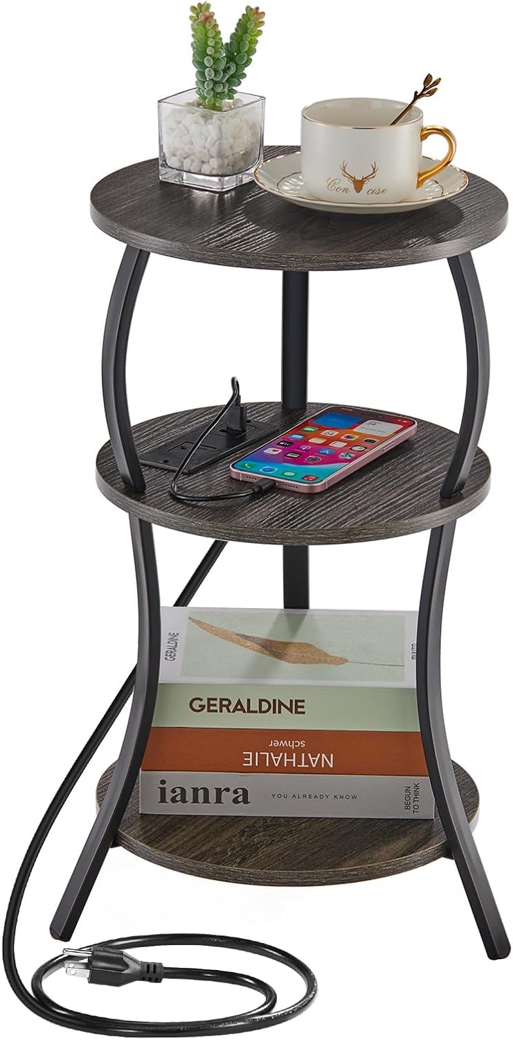 YEAKOO Small Side Table with Charging Station,3-Tier Round end Table