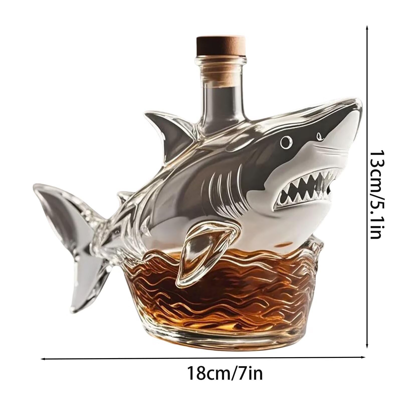 300 ml Karafka do whisky - rzeźba artystyczna, karafka do wina i whisky 3D w kształcie rekina, ręcznie dmuchana szklana rzeźba, odporny na wyciek dekoracyjny prezent (shark+4 kubki)