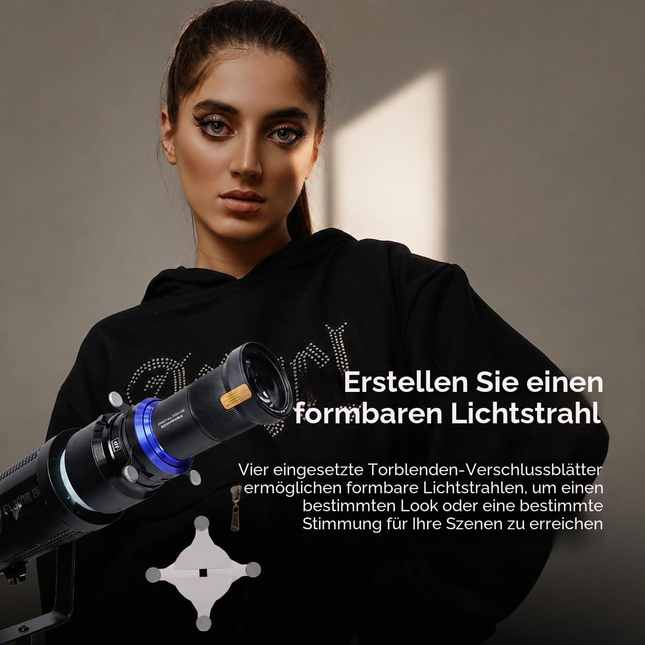 Bowens-Mount-Snoot-Spotlight-GOBO-Projektor mit 4-Lamellen-Abschirmklappe, für Aputure Amaran 60D/100D/200D, Godox SL60/100/150/200/300, 30 Gobos & 5 Farbfilter (MAX)