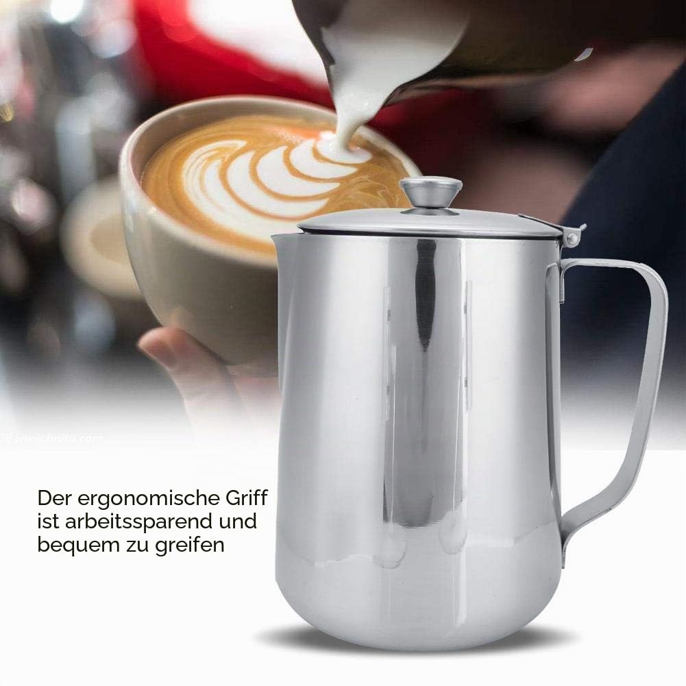 Nikou Milchkännchen Edelstahl 2000ml, Schaumbecher mit Deckel, Kaffeetasse Becher Milch Schaumkrug Handheld Becher Krug Milchaufschäumer für Barista Latte Coffee Art (Silber)
