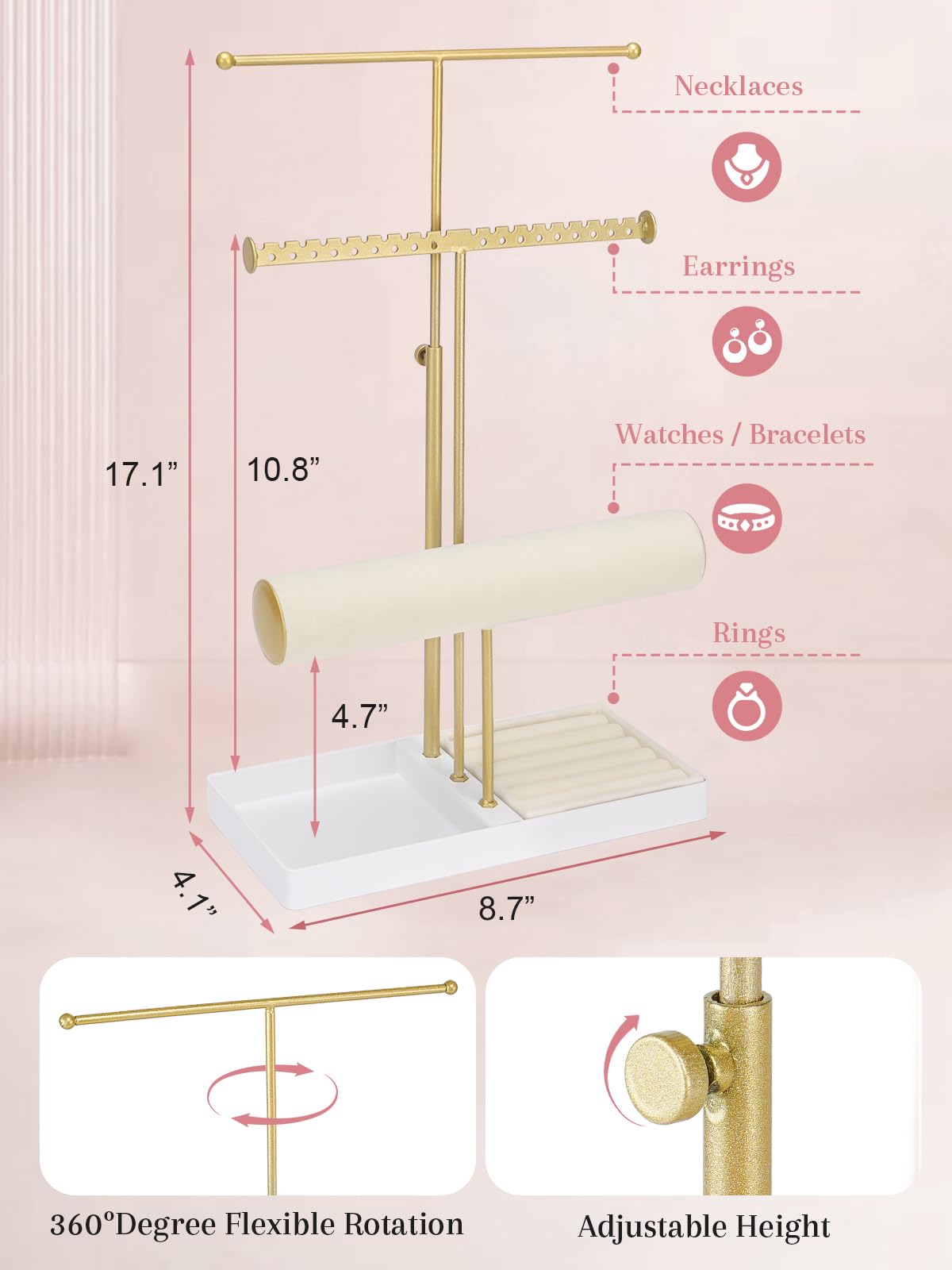 Jenseits Jewelry Organizer Stand Necklace Holder Organizer, 3-Tier Earrings Organizer w/Bracelet Storage Display & Velvet Ring Tray, Cute Metal Aesthetic Jewelry Tower Rack for Women Girls - Gold