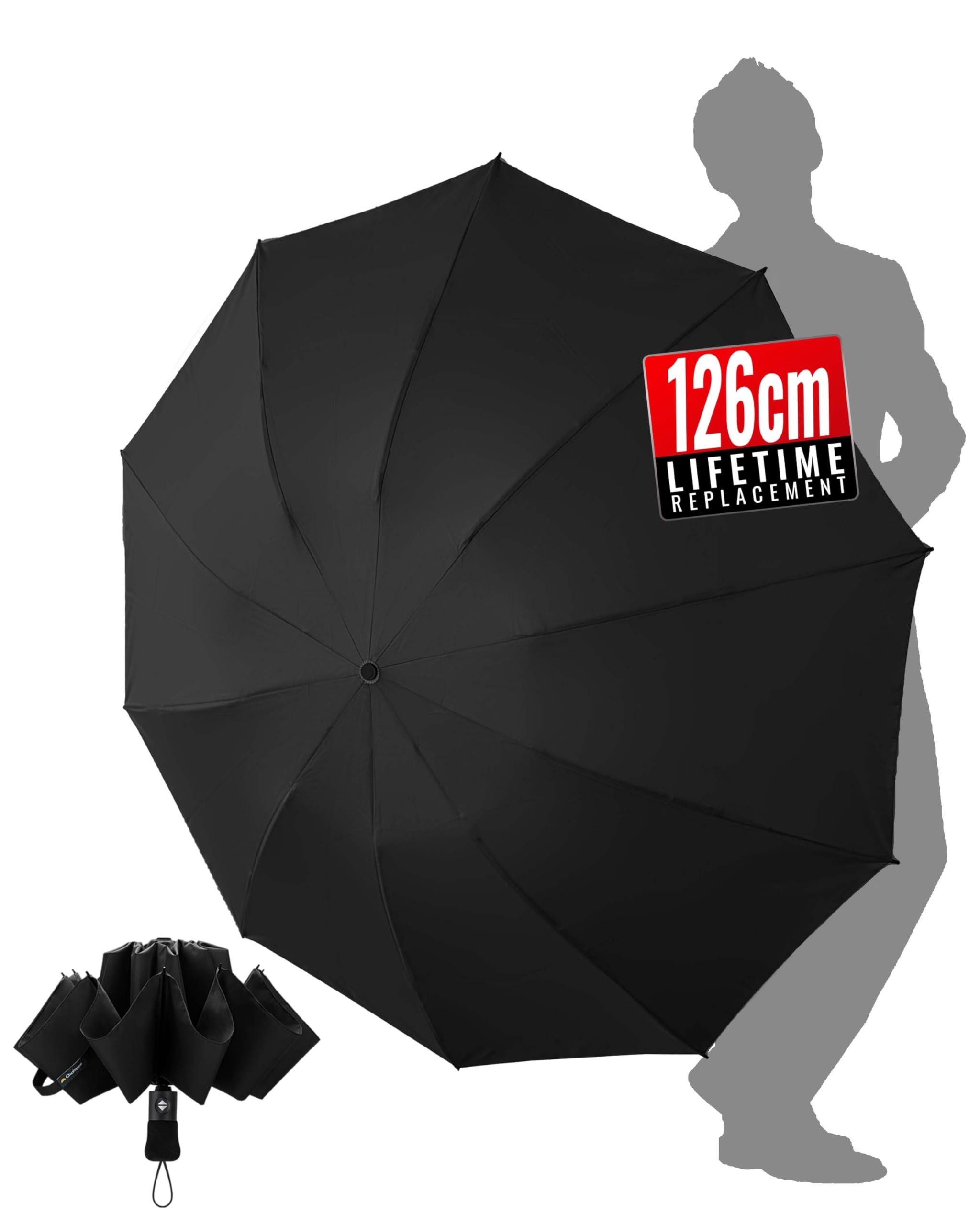 Umbrella Windproof Strong Travel Compact Automatic Large Black Folding Umbrellas for Wind and Rain Resistant 10 Ribs For Mens