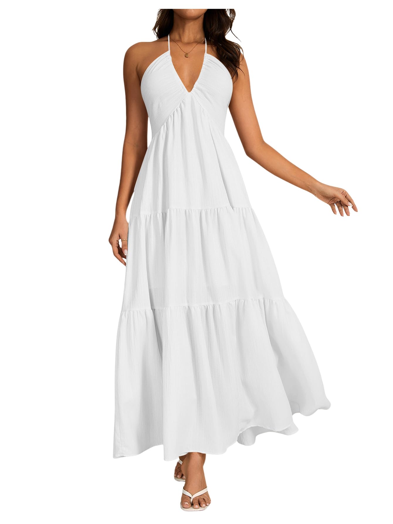 OYOANGLE Womens Fall Formal Wedding Guest Halter Dress Backless Flowy Vacation Boho Maxi Dresses