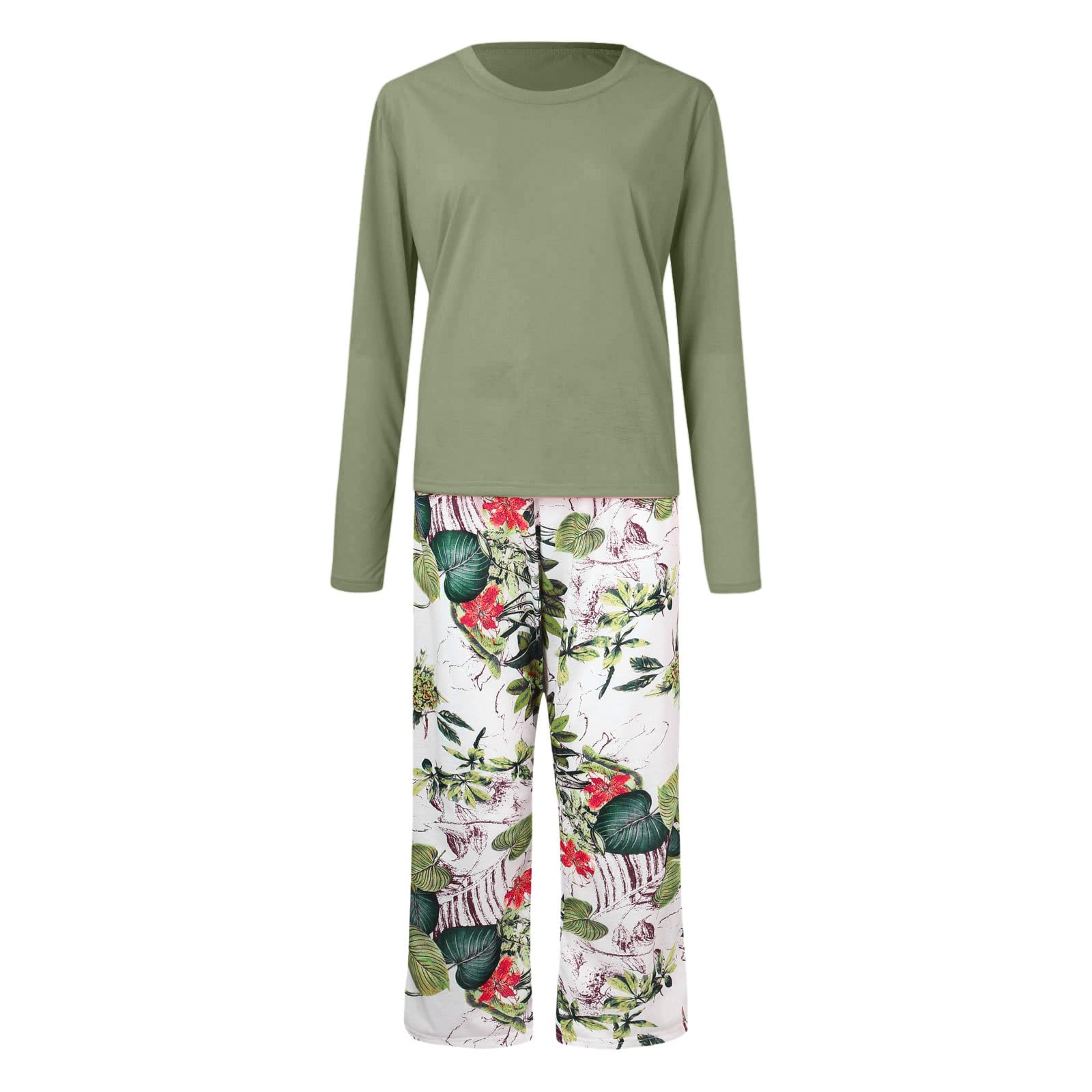 Generisch Pyjama long en coton pour femme - Motif floral - Col rond - Vêtement de nuit pour femme - Doux - Deux pièces - Ensemble de maison chaud pour l'hiver avec cordon de serrage - Vêtement de
