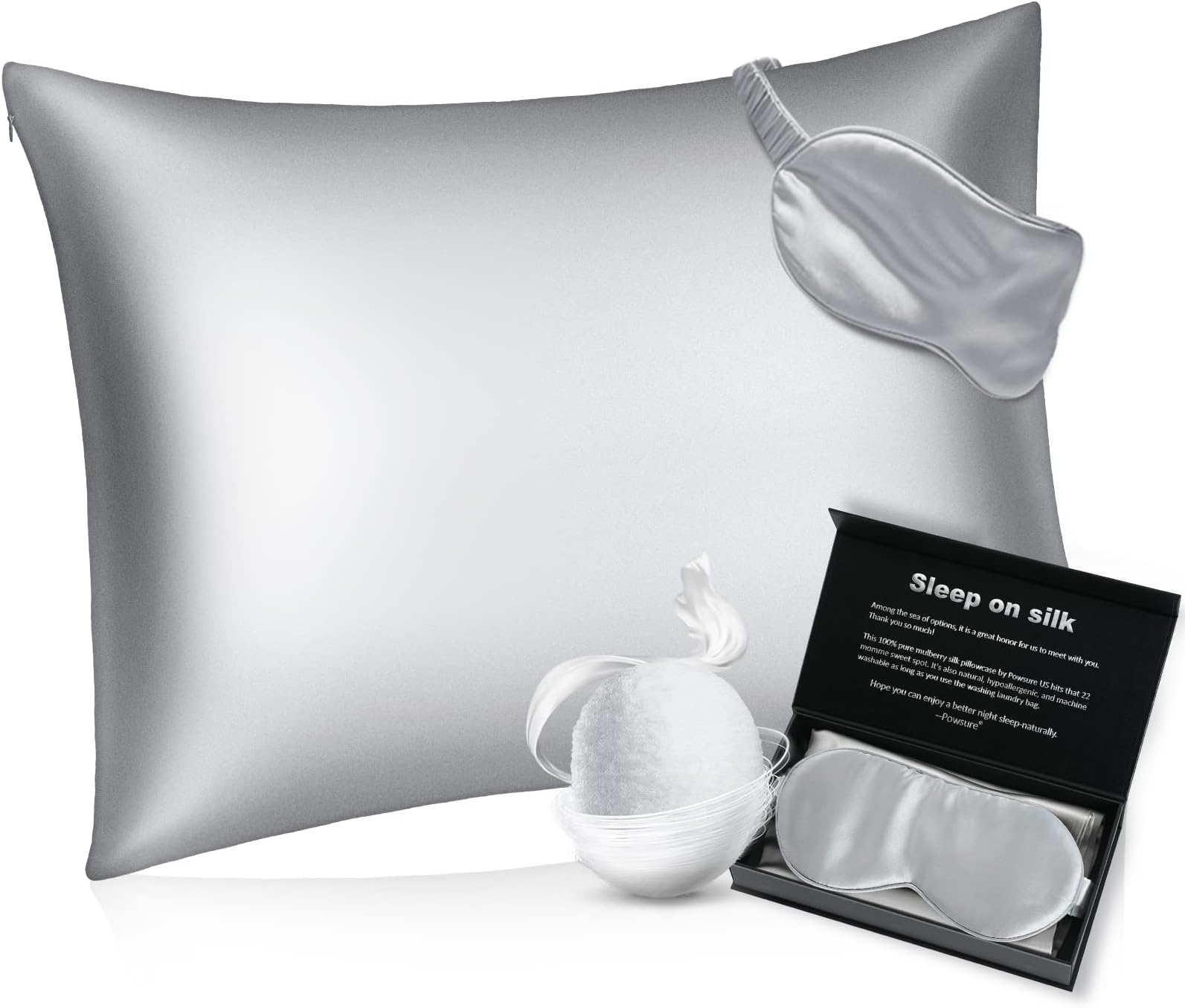 Powsure100% Pure Mulberry Silk Pillowcase for Hair and Skin - 22 Momme 6A Zippered Silk Pillow Case-King 20"x36" Gifts for Women(Pack of Silk Pillowcases and Eye Mask Set)