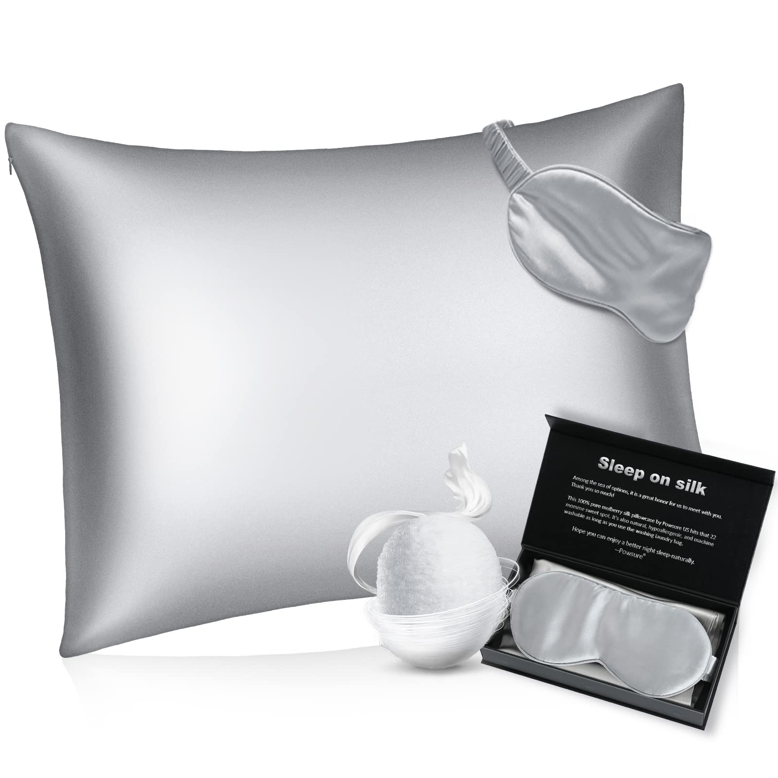 Powsure100% Pure Mulberry Silk Pillowcase for Hair and Skin - 22 Momme 6A Zippered Silk Pillow Case-King 20"x36" Gifts for Women(Pack of Silk Pillowcases and Eye Mask Set)
