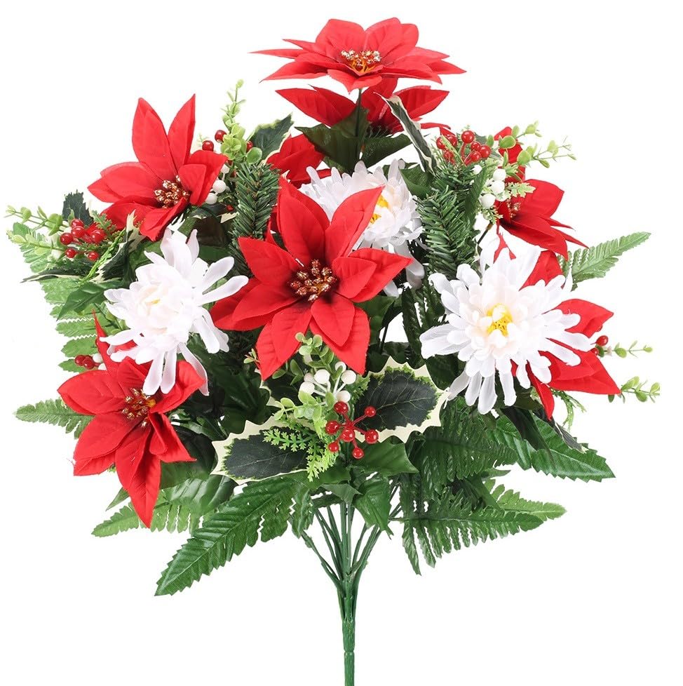 Bouquet artificiel de Noël sans entretien : poinsettia et baies de houx de 49,8 cm