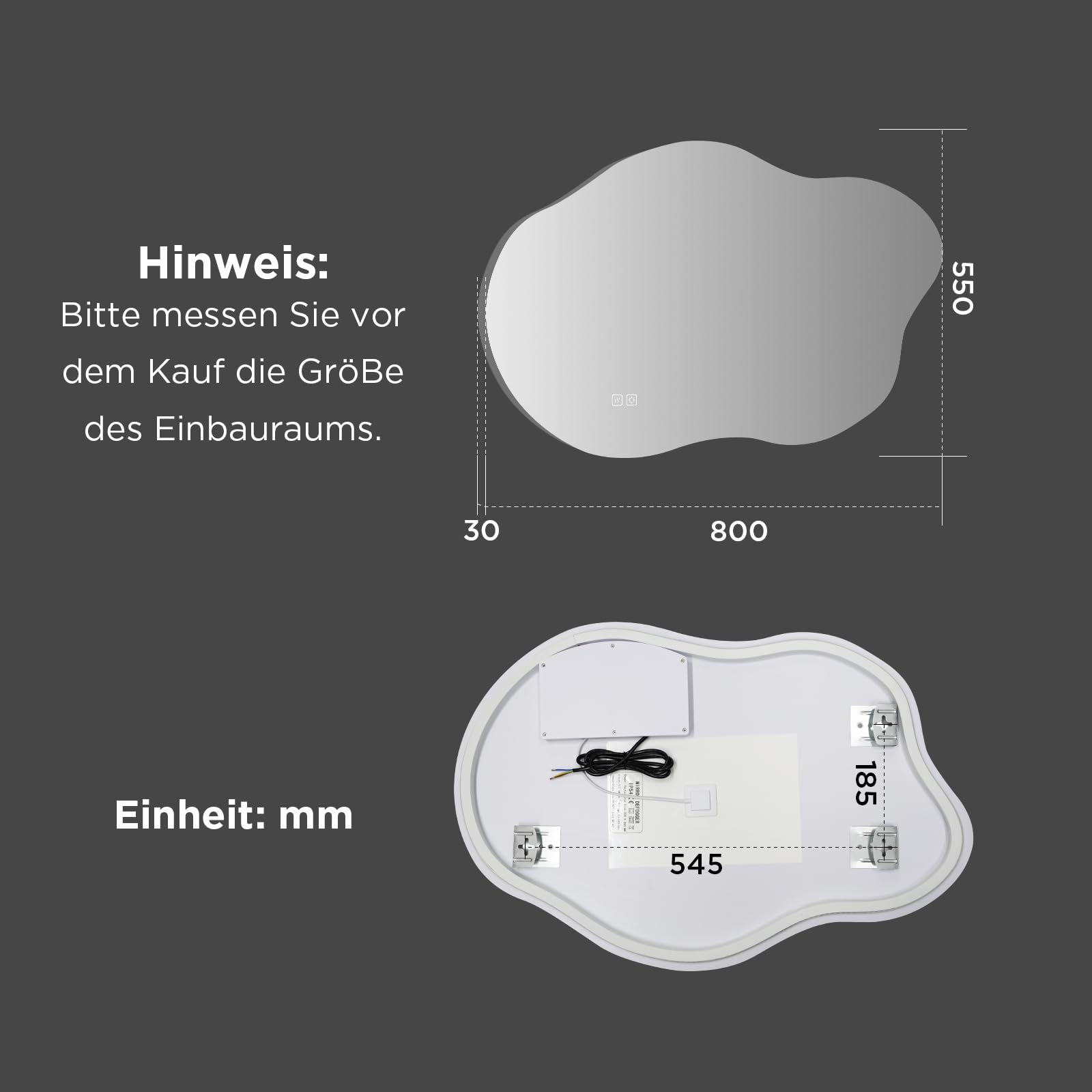 SANYCASA Intelligenter Badezimmerspiegel 80x55cm mit LED, Anti-Beschlag, bruchsicher, dimmbar, 3 Farbtemperaturen, asymmetrisch (horizontal/vertikal)