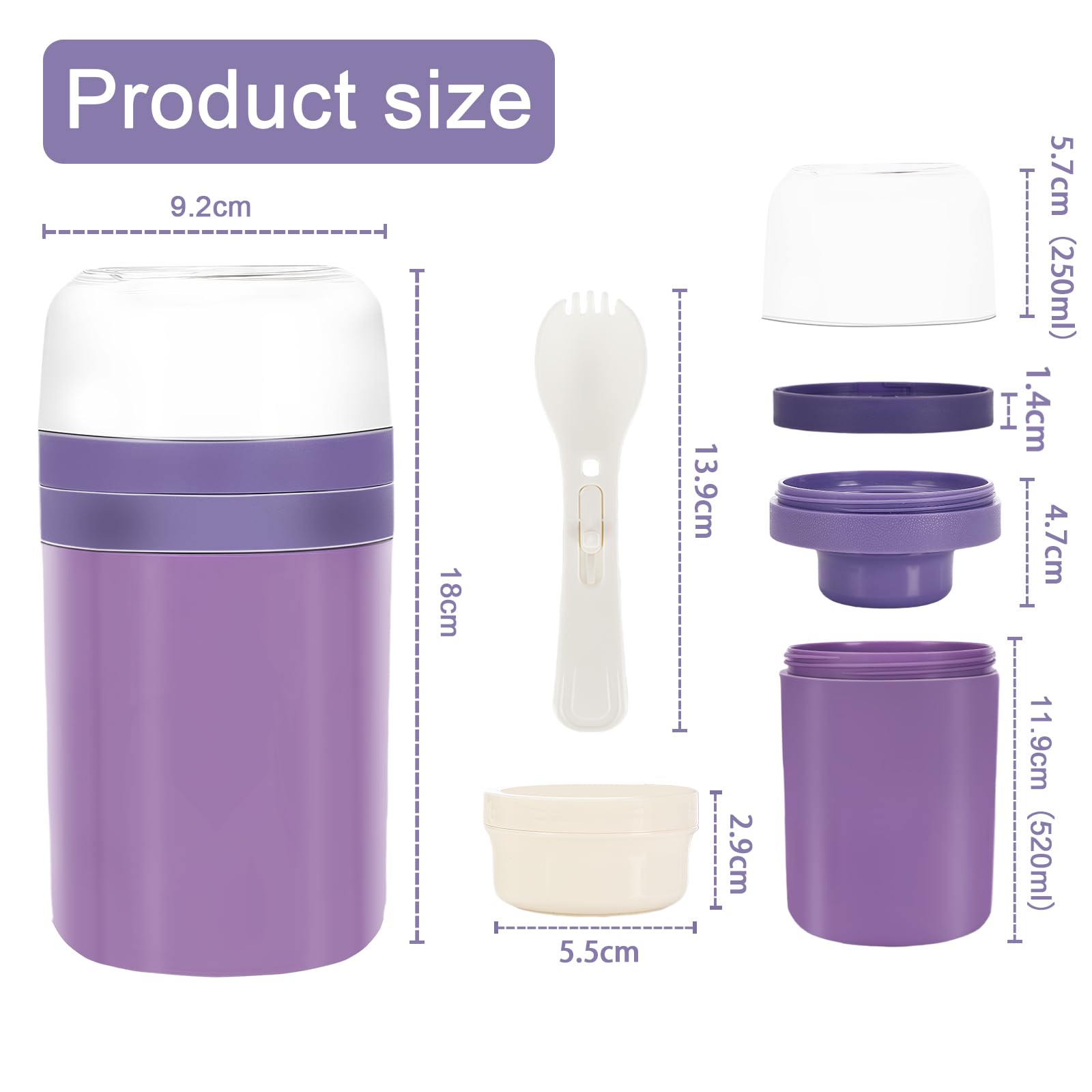Zikenis 2 in1 Tazza Yogurt to Go,Tazze Cereali 520ML+250ML,Tazza per cereali to go per bambini,Tazza di cereali portatile,Bicchiere per yogurt a doppio strato,per la scuola (Viola)