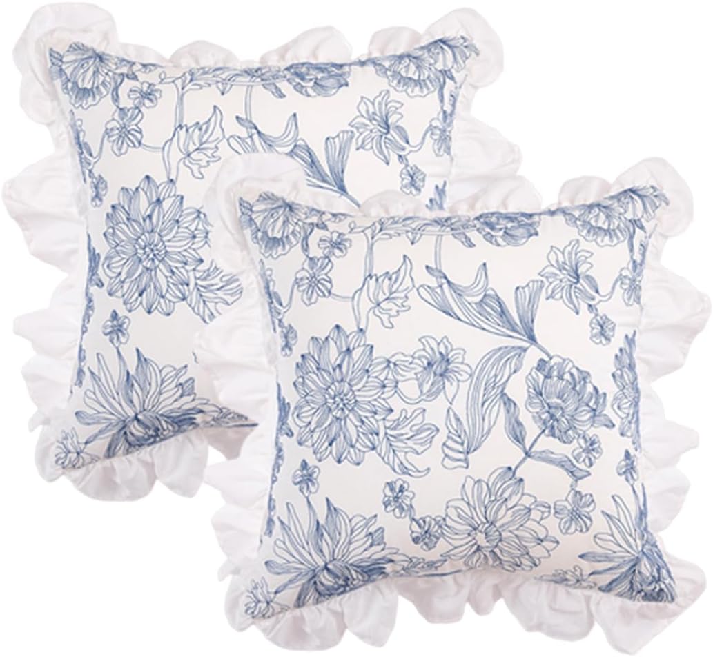Pillowcase with Ruffled Embroidery Pure Cotton Pleated Decorative Pillowcase for Home Living Room and Bedroom Decoration 18x18 inches (Blue Floral)