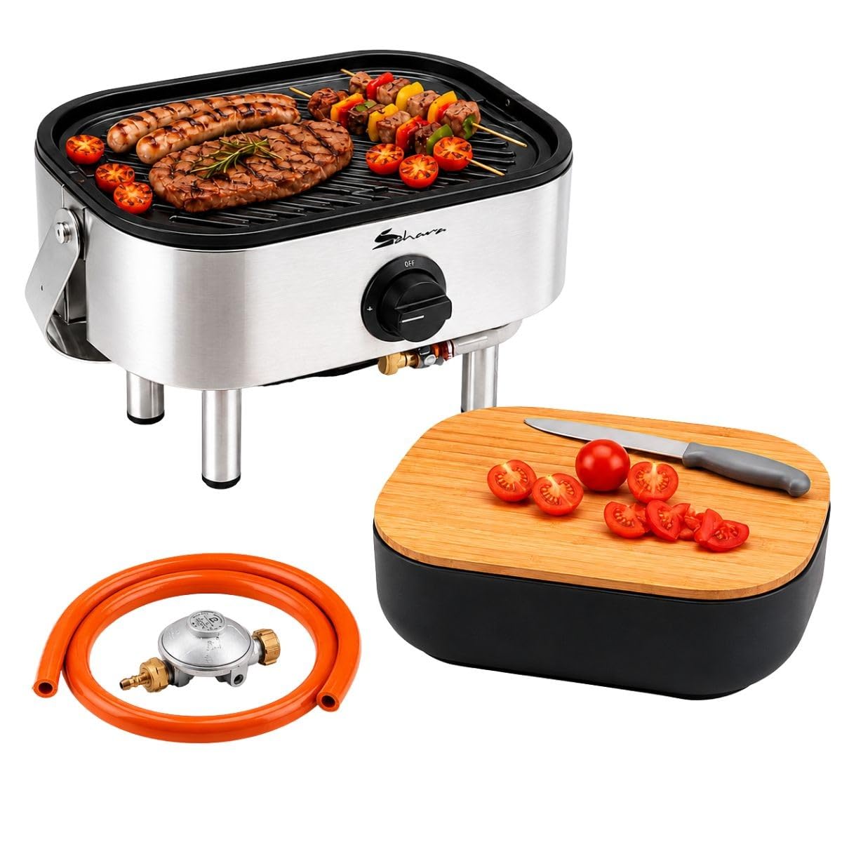Sahara – Barbacoa de gas portátil compacta de 2,7 kW, rejilla de hierro fundido, mini barbacoa de mesa, tabla de cortar madera de 2 a 4 personas