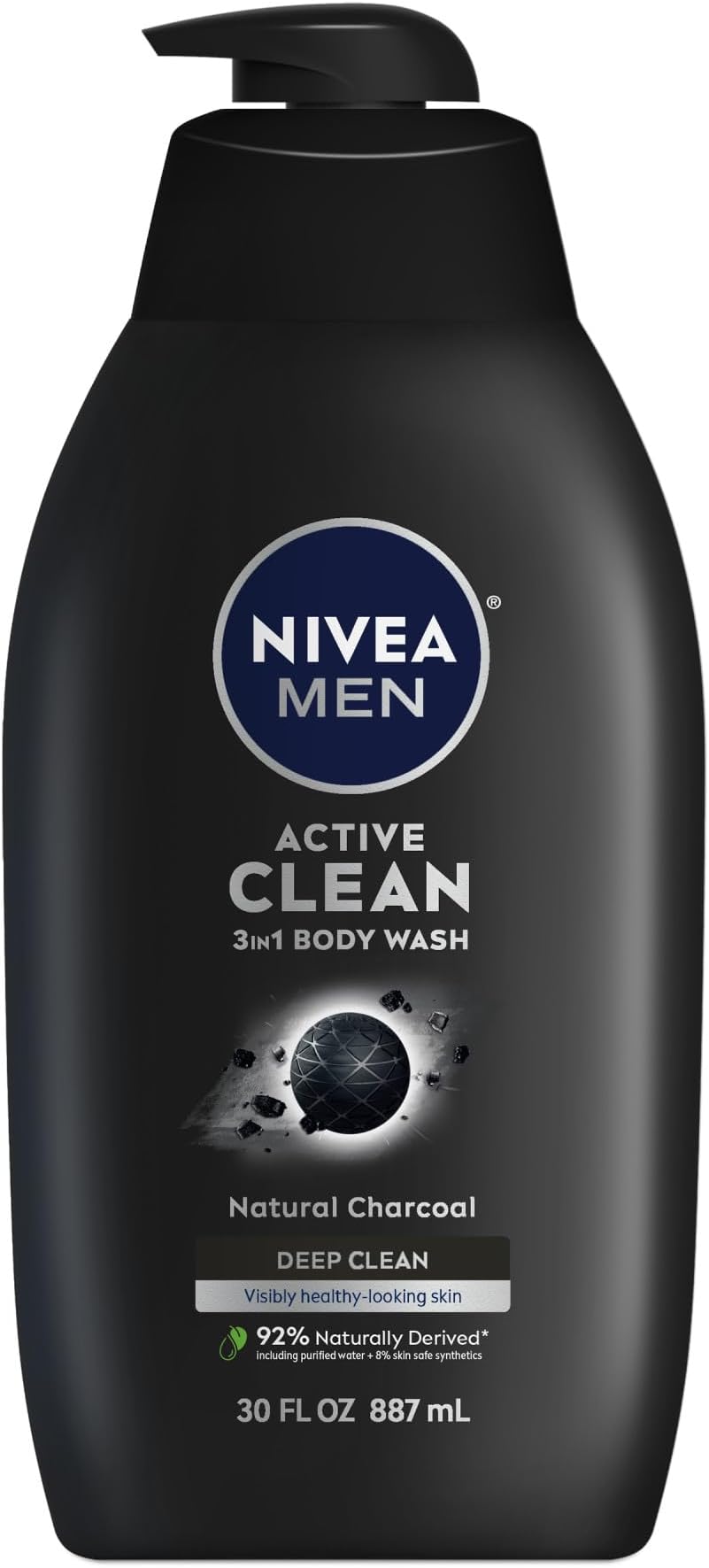Active Clean Body Wash with Natural Charcoal for Normal to Oily Skin, 3-in-1 Charcoal Body Wash, Face and Hair, Draws Out Dirt and Impurities, 30 Fl Oz Bottle