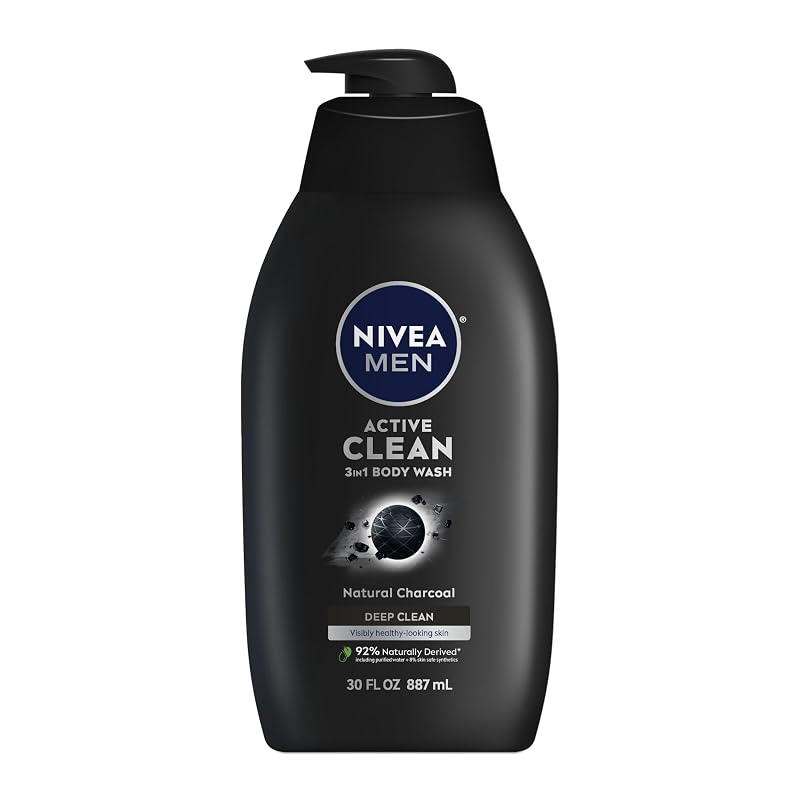 Sabonete líquido corporal NIVEA MEN Active Clean com carvão, para rosto, corpo e cabelo, 887 mL, pacote com 6