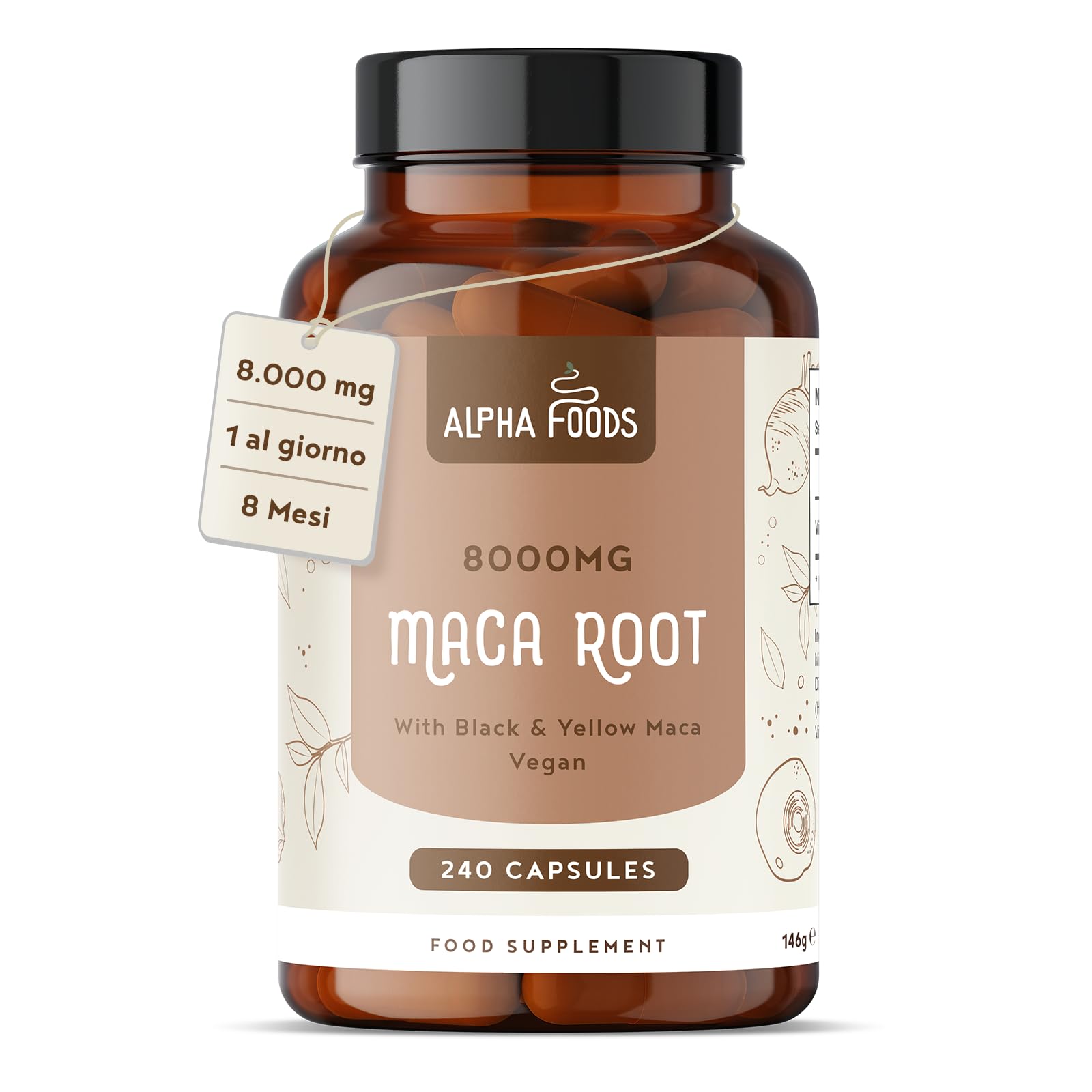 Maca Peruviana Nera Extra Forte | 8000mg per Capsula di Estratto di Maca Gialla + Black/Nera | Equilibrio Ormonale | 240 Capsule Vegane Alto Dosaggio | Alpha Foods