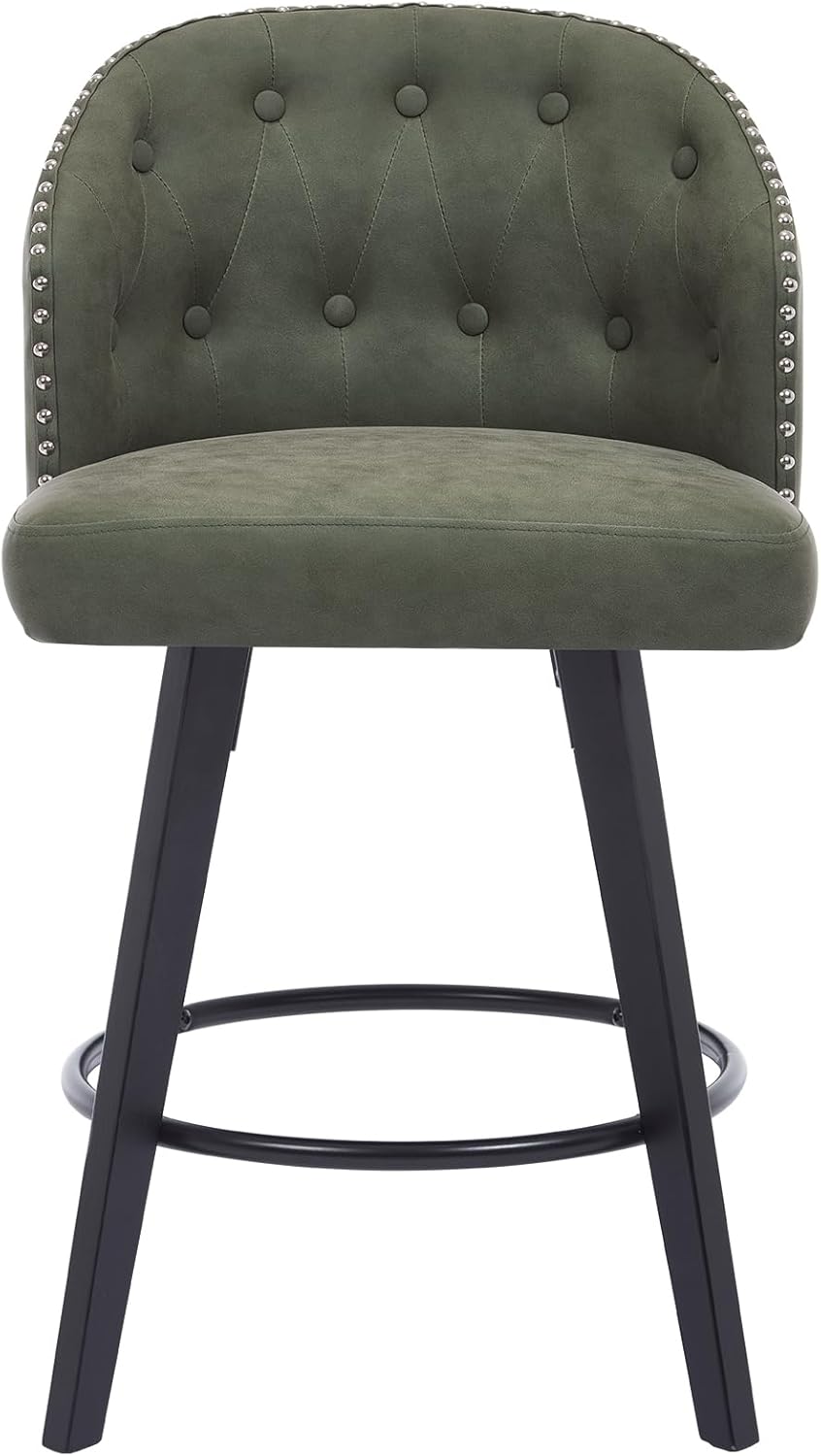 Swivel Bar Stools Set of 4, 25" Counter Height Bar Stools with Tufted Back, Upholstered Wood Bar Chairs with Faux Leather Seat, Modern Counter Stool for Kitchen Island Home Bar, Green