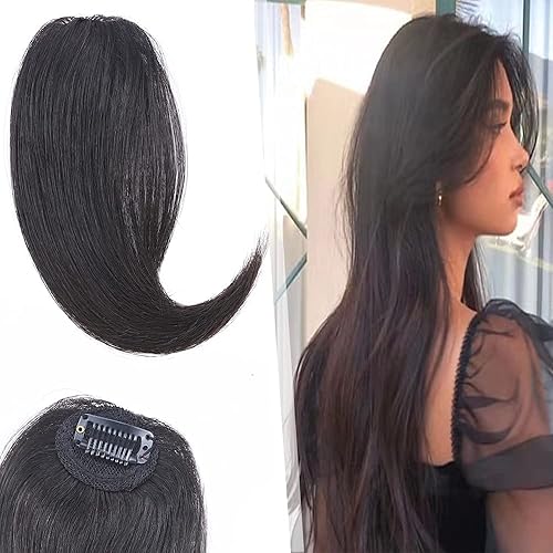 Miniatura 1 de Hairro Extensiones de flequillo lateral ondulado con clip, 100% cabello humano, 2 piezas con clip en la parte media, flequillo francés, lados