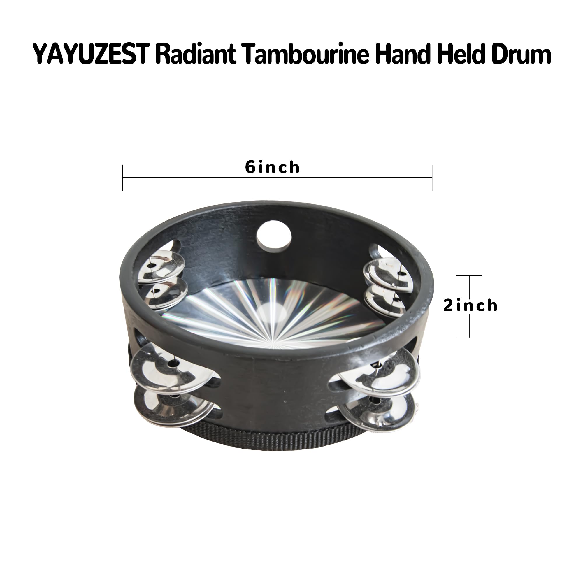 YAYUZEST Promienny tamburyn dla dorosłych, ręczny bęben, dwurzędowe dzwonki, drewniany odblaskowy tamburyn, instrument muzyczny do kościoła, imprezy KTV, 15 cm