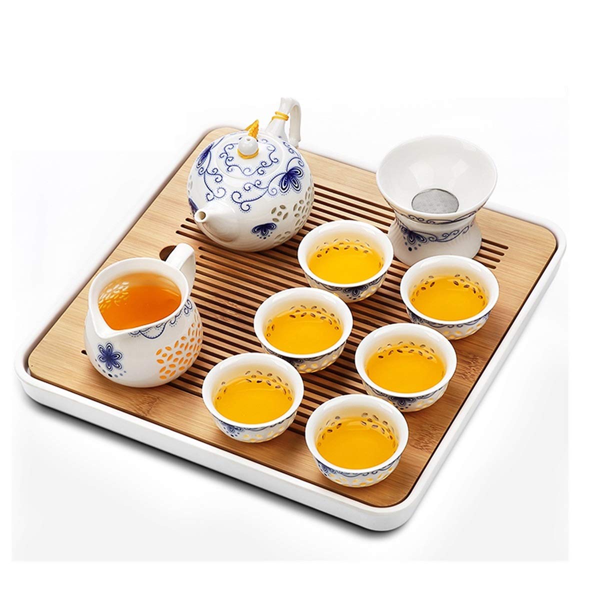 DFGHNBVC Ceramic Tea Set, Chinese Tea Tray Drainage Water Storage,Porcelain Teapot Teacups Bamboo Tea Tray With Tea Cup, Tea Table For Home And Office Use,B
