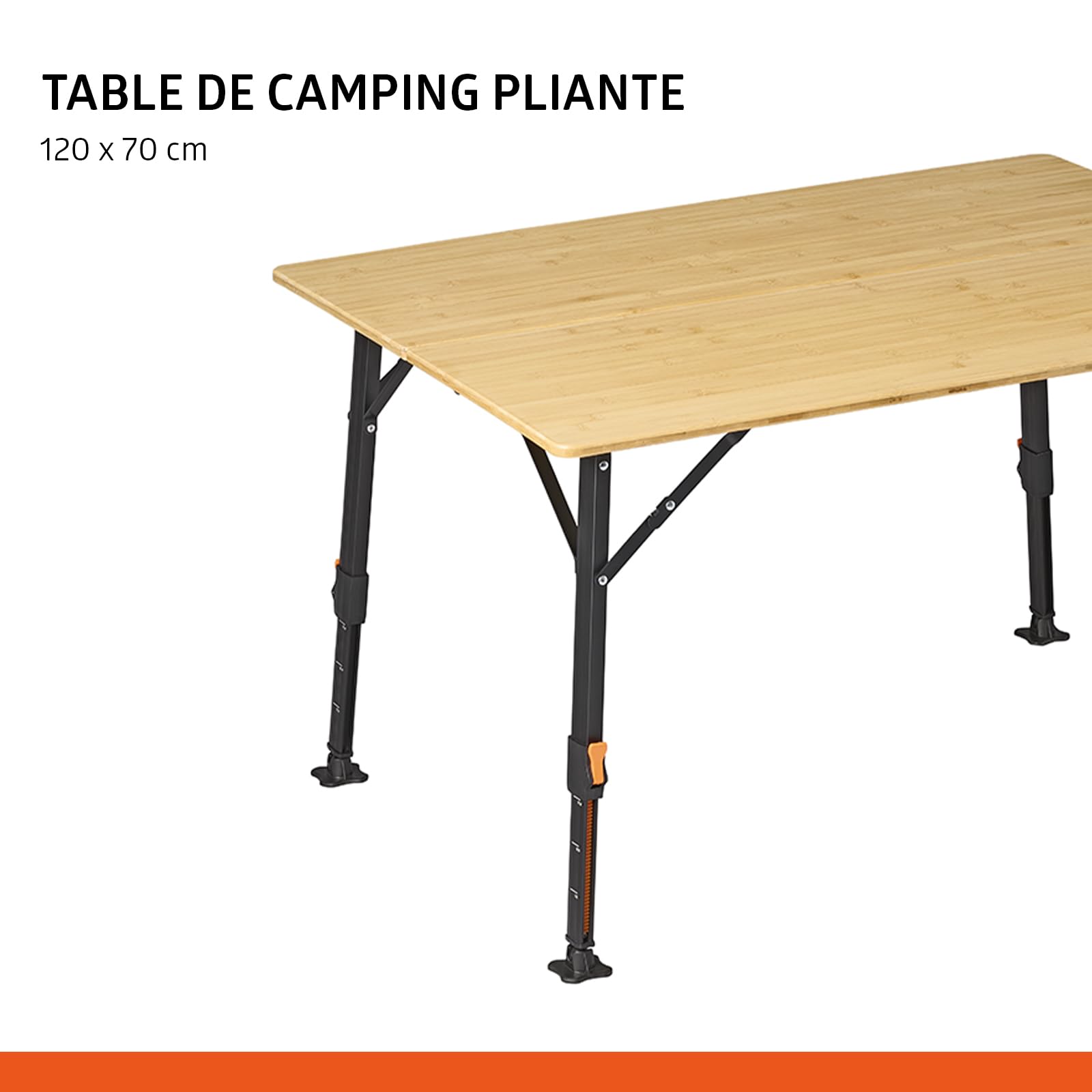 Campout Table de Camping Pliante 120 x 70 x 70 cm – Table Pliante Extérieur Réglable pour 6 Personnes – Poignée Intégrée – Bambou