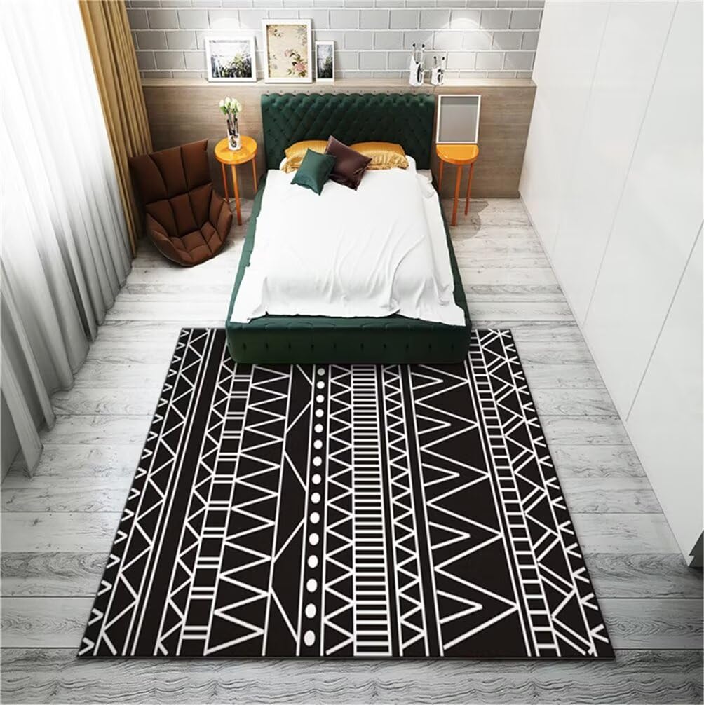 Tapis lavable noir 60x110 cm à motifs géométriques modernes pour salon et chambre