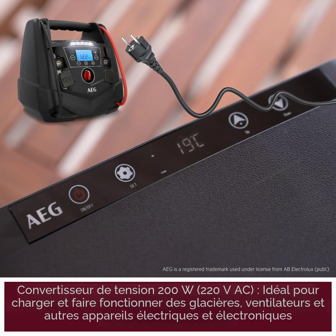 AEG - Station d'énergie Portable - 12 V - avec démarreur Automatique, compresseur d'air, convertisseur de Tension 220 V, Prise de Courant et 4 Ports USB, Noir/Rouge
