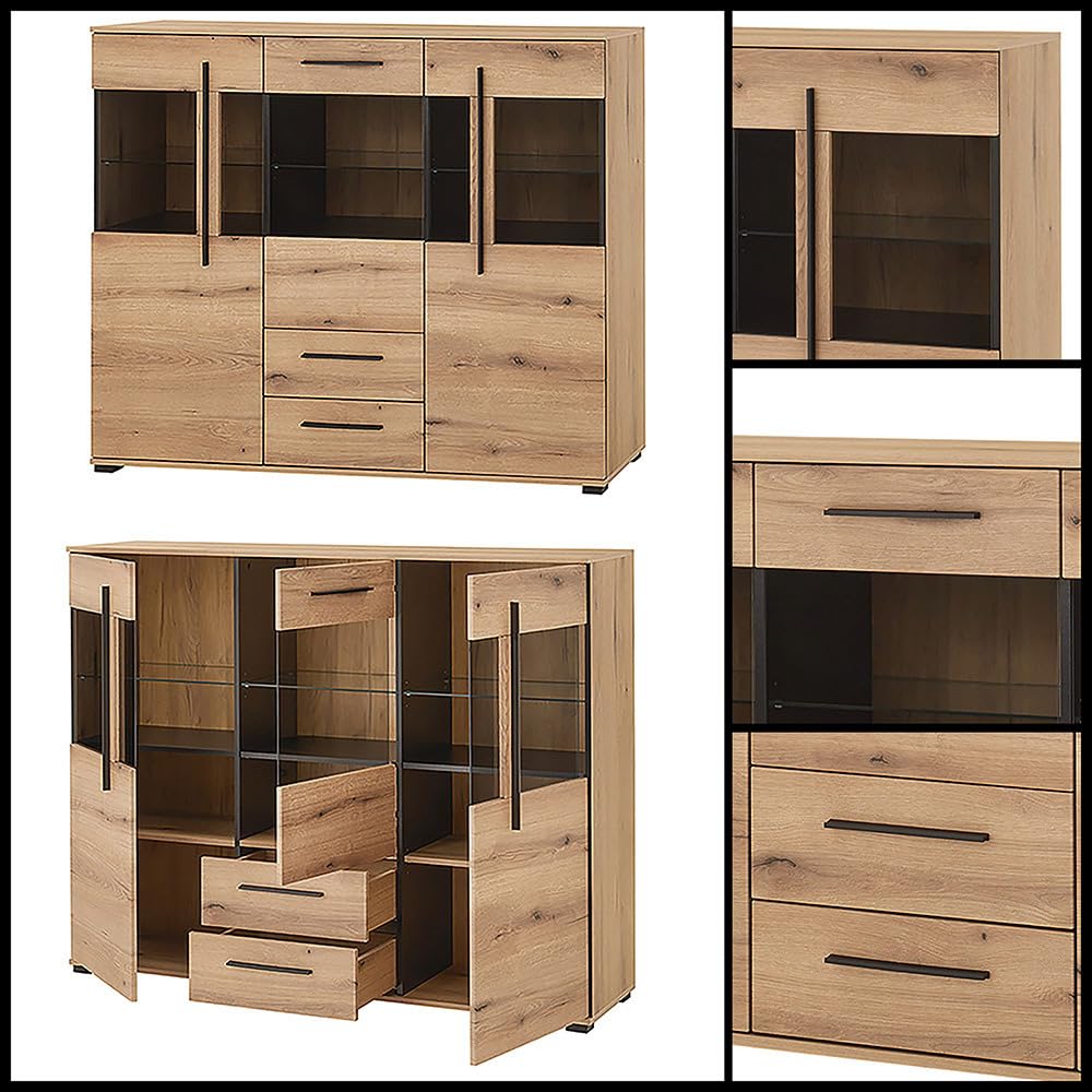 Lomadox Highboard 160 cm breit Vitrine Wohnzimmerschrank in Eiche mit 3 Glastüren & 2 Schubladen inkl. Softclose-Funktion